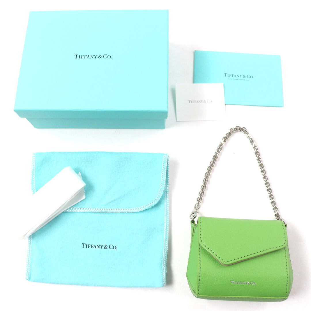 極美品▼TIFFANY&amp;Co. ティファニー Tナノバッグ ペリドット ロゴプリント チェーン チャーム レザー グリーン シルバー金具 箱・保存袋付