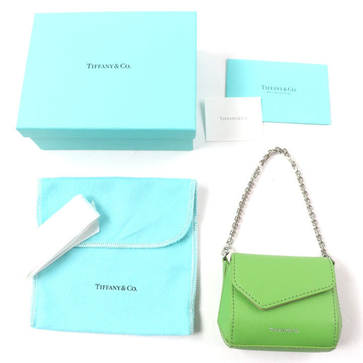 極美品▼TIFFANY&amp;Co. ティファニー Tナノバッグ ペリドット ロゴプリント チェーン チャーム レザー グリーン シルバー金具 箱・保存袋付