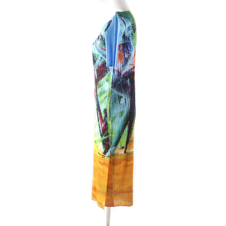 極美品★PLEATS PLEASE プリーツプリーズ イッセイミヤケ 23AW PP33JH674 TROPICAL WINTER サイドスリット 半袖 ロングワンピース 2