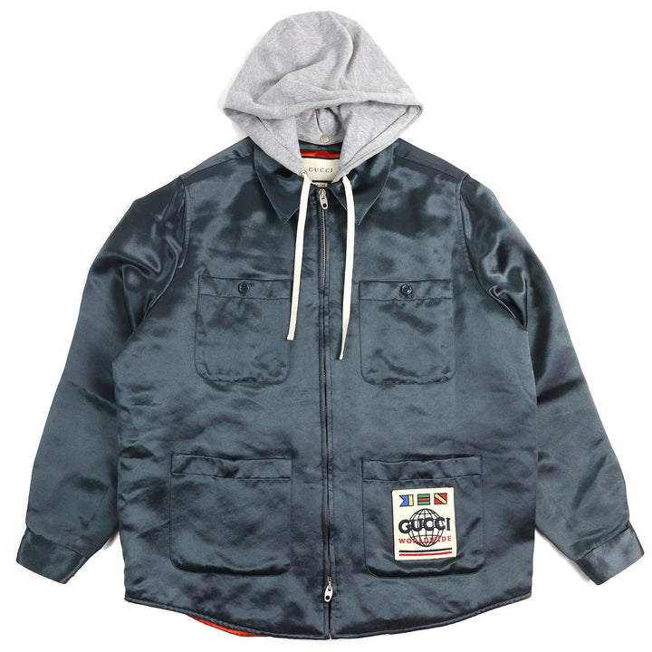 美品△GUCCI グッチ 604112 WORLD WIDE ロゴワッペン フード付き 中綿入 ジップアップ シャツジャケット ダークグレー系 44 伊製 正規品