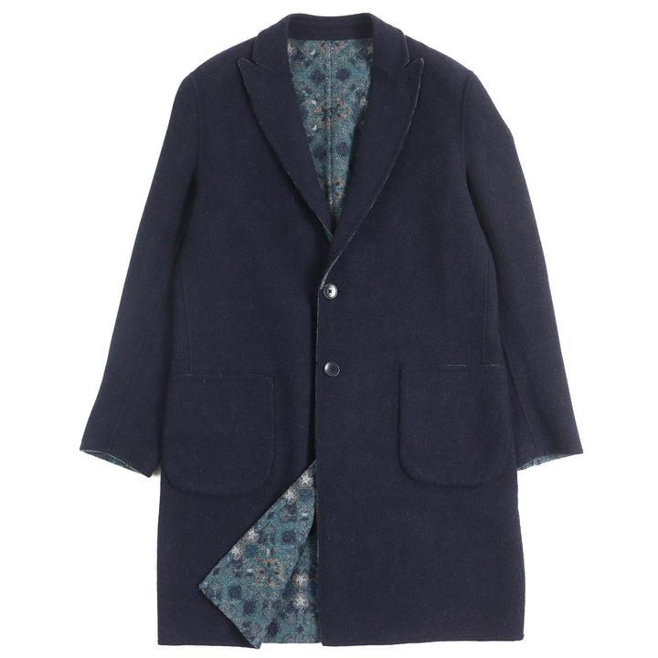美品△ETRO エトロ 22AW ウール100％ ロゴボタン 無地 総柄 リバーシブル シングル チェスターコート ネイビー ブルー系 50 伊製 正規品