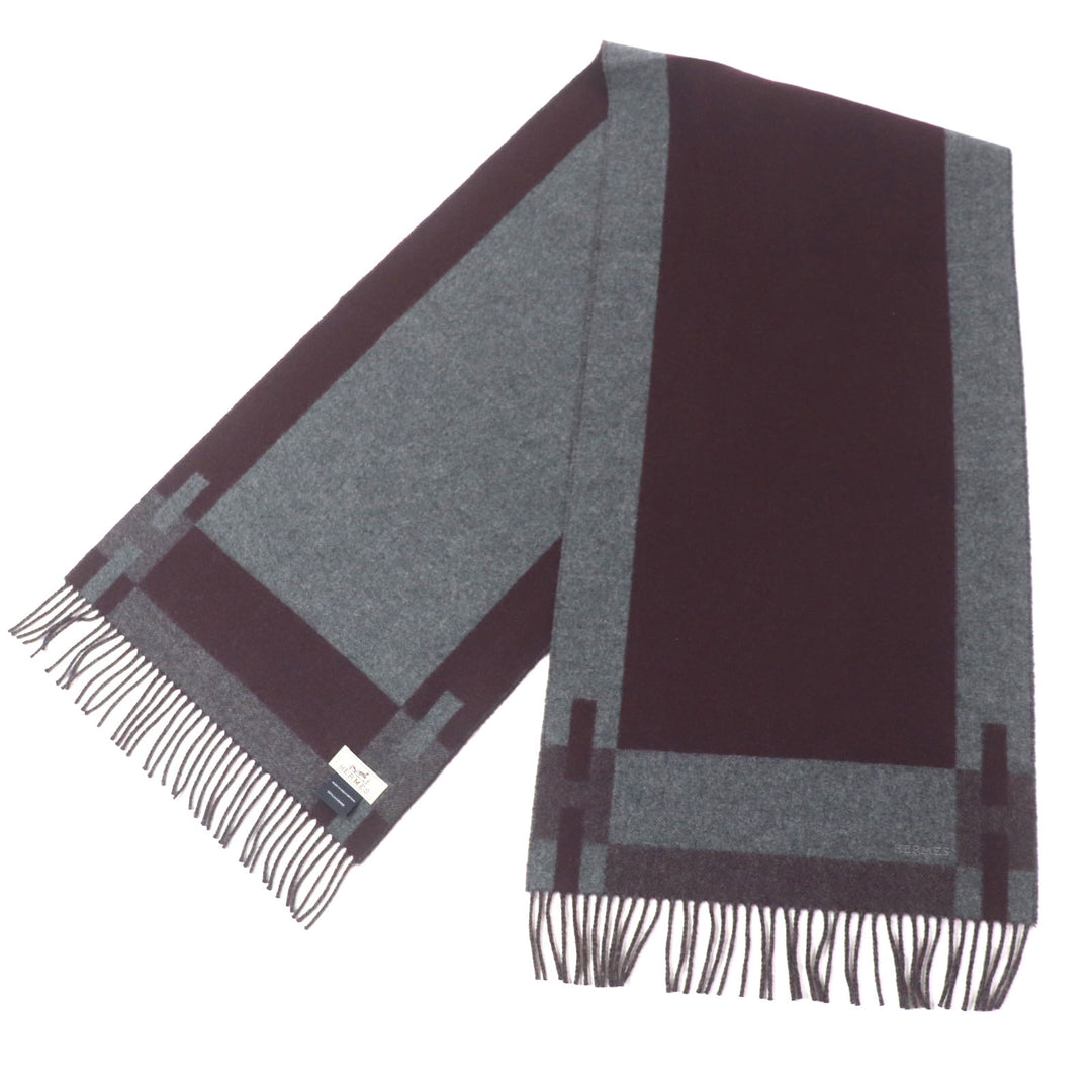 極美品▼HERMES エルメス Hパッサン カシミヤ100% 現行品 ロゴ刺繍 フリンジ マフラー バイオレット グレー 箱付き メンズ 定価105600円