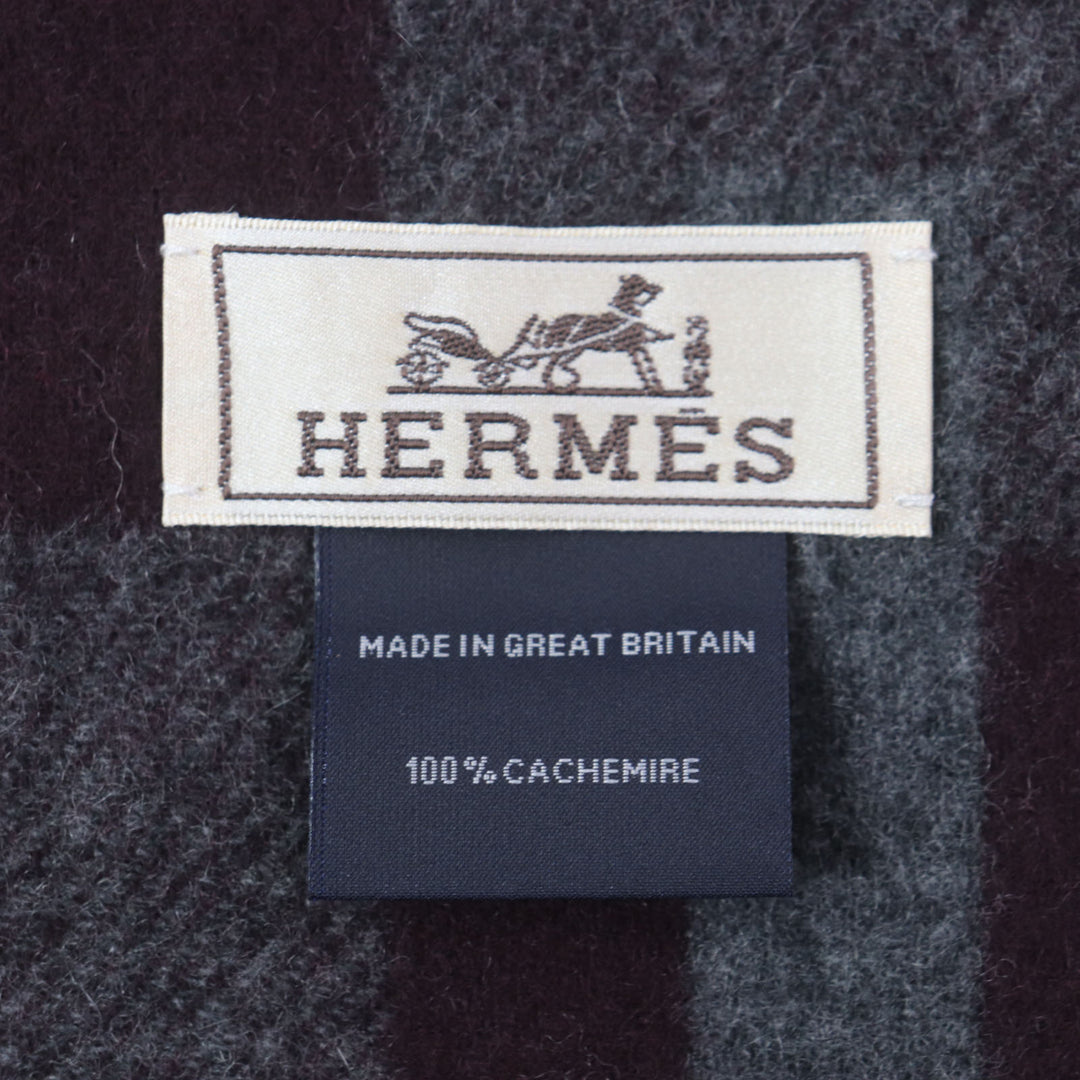 極美品▼HERMES エルメス Hパッサン カシミヤ100% 現行品 ロゴ刺繍 フリンジ マフラー バイオレット グレー 箱付き メンズ 定価105600円