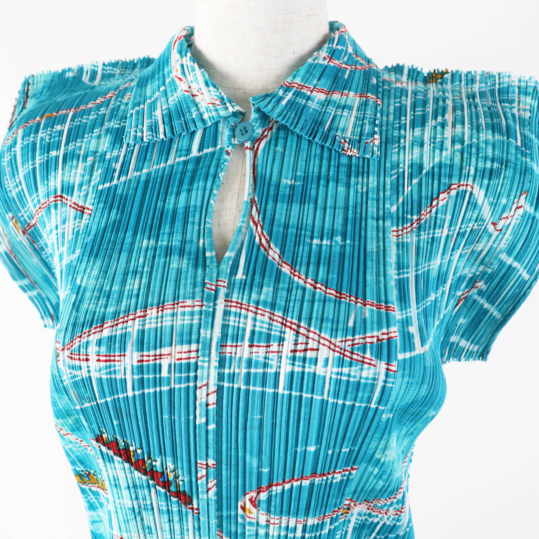 極美品◎PLEATS PLEASE プリーツプリーズ イッセイミヤケ PP43-JK582 ジェットコースター柄 半袖シャツ ライトブルー 3 日本製 正規品