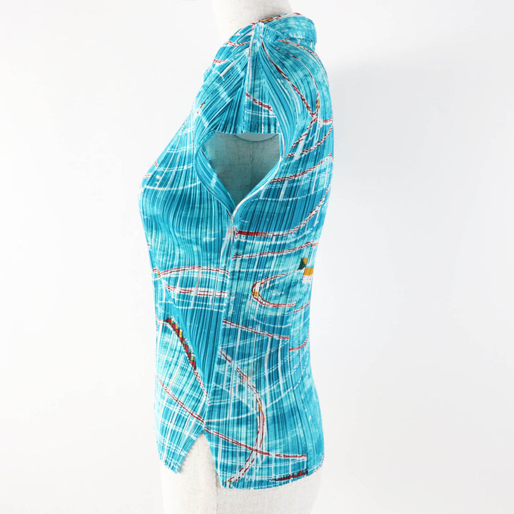 極美品◎PLEATS PLEASE プリーツプリーズ イッセイミヤケ PP43-JK582 ジェットコースター柄 半袖シャツ ライトブルー 3 日本製 正規品