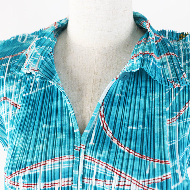 極美品◎PLEATS PLEASE プリーツプリーズ イッセイミヤケ PP43-JK582 ジェットコースター柄 半袖シャツ ライトブルー 3 日本製 正規品