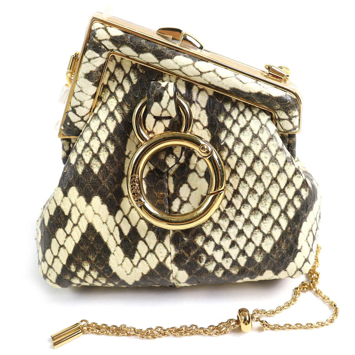 未使用品△FENDI フェンディ FIRST NANO ファースト ナノ パイソン チェーン付き がま口 ポーチ ブラウン ベージュ系 袋付き レディース