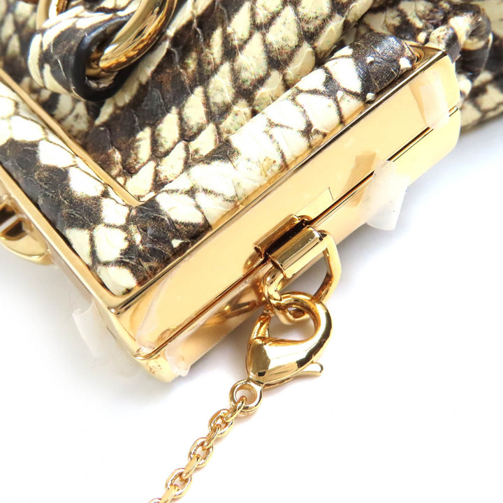 未使用品△FENDI フェンディ FIRST NANO ファースト ナノ パイソン チェーン付き がま口 ポーチ ブラウン ベージュ系 袋付き レディース