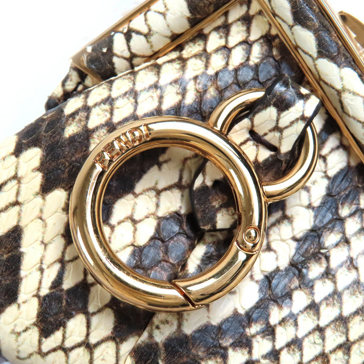 未使用品△FENDI フェンディ FIRST NANO ファースト ナノ パイソン チェーン付き がま口 ポーチ ブラウン ベージュ系 袋付き レディース