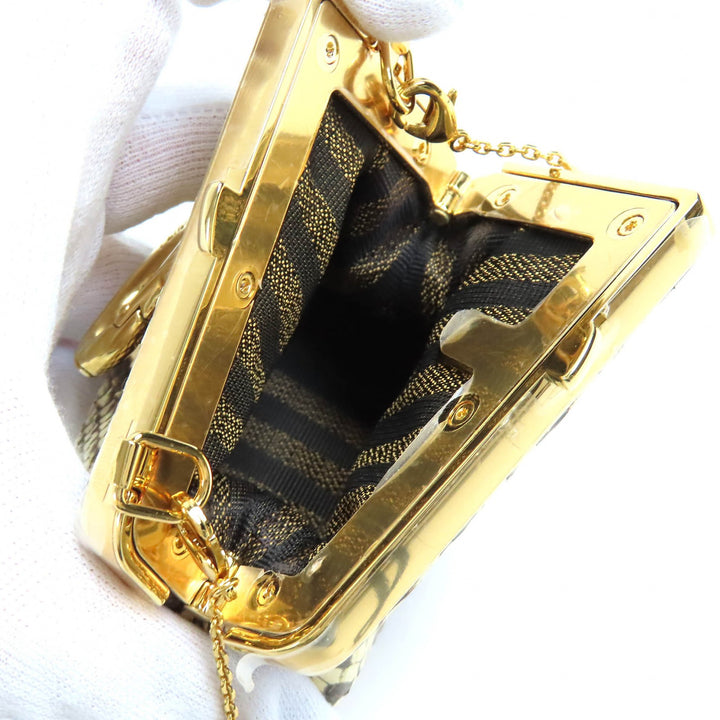 未使用品△FENDI フェンディ FIRST NANO ファースト ナノ パイソン チェーン付き がま口 ポーチ ブラウン ベージュ系 袋付き レディース