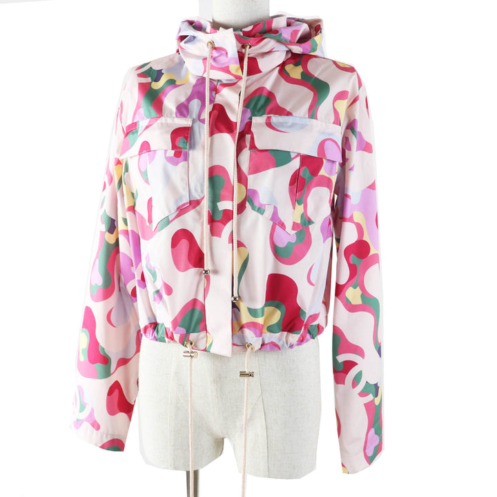 極美品◎CHANEL シャネル 21AW P70173 シルク100％ ロゴプリント フーデッド ジップアップ ジャケット／ブルゾン マルチ 34 伊製 正規品