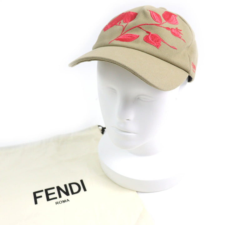 未使用品△FENDI フェンディ FXQ675 コットン100％ 花柄 ロゴ エンブロイダリー ベースボールキャップ 帽子 ベージュ ピンク系 58 正規品