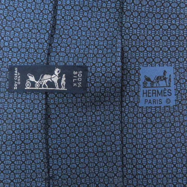 極美品□HERMES エルメス 7695 OA シルク100% 幾何学模様 総柄 ワイドタイ ネクタイ ブルー 箱付き メンズ ビジネスオススメ◎