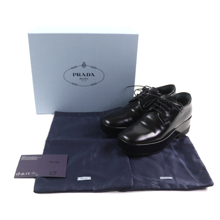美品★PRADA プラダ バックロゴ プラットフォーム レースアップ レザー シューズ ブラック 35.5 箱・保存袋付き イタリア製 レディース
