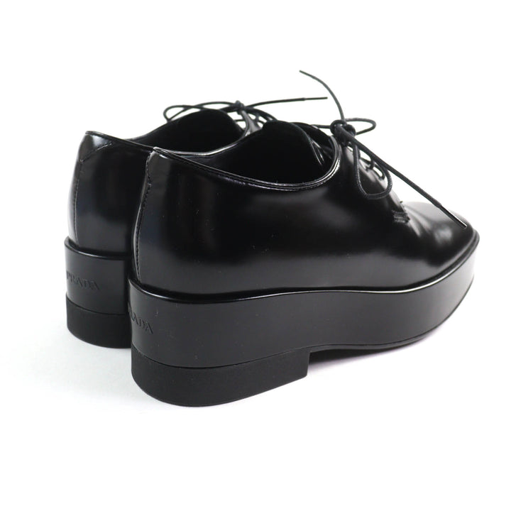 美品★PRADA プラダ バックロゴ プラットフォーム レースアップ レザー シューズ ブラック 35.5 箱・保存袋付き イタリア製 レディース