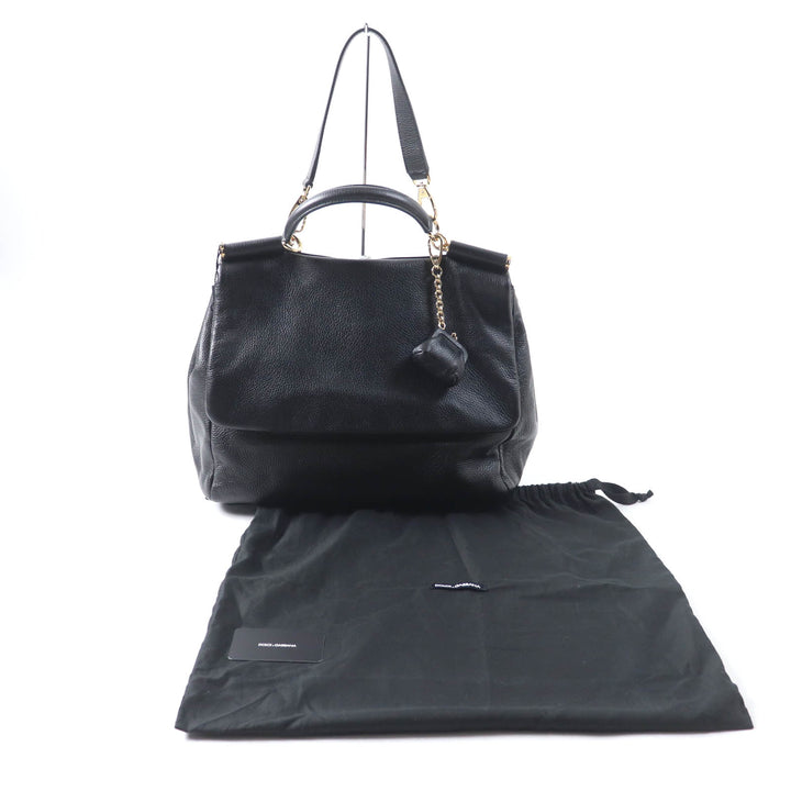 未使用品★DOLCE&amp;GABBANA ドルチェ＆ガッバーナ シシリー がま口チャーム・ロゴ金具付 レザー 2way ハンド・トートバッグ ブラック 袋付