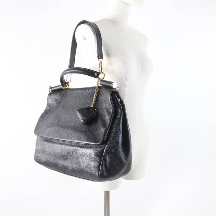 未使用品★DOLCE&amp;GABBANA ドルチェ＆ガッバーナ シシリー がま口チャーム・ロゴ金具付 レザー 2way ハンド・トートバッグ ブラック 袋付