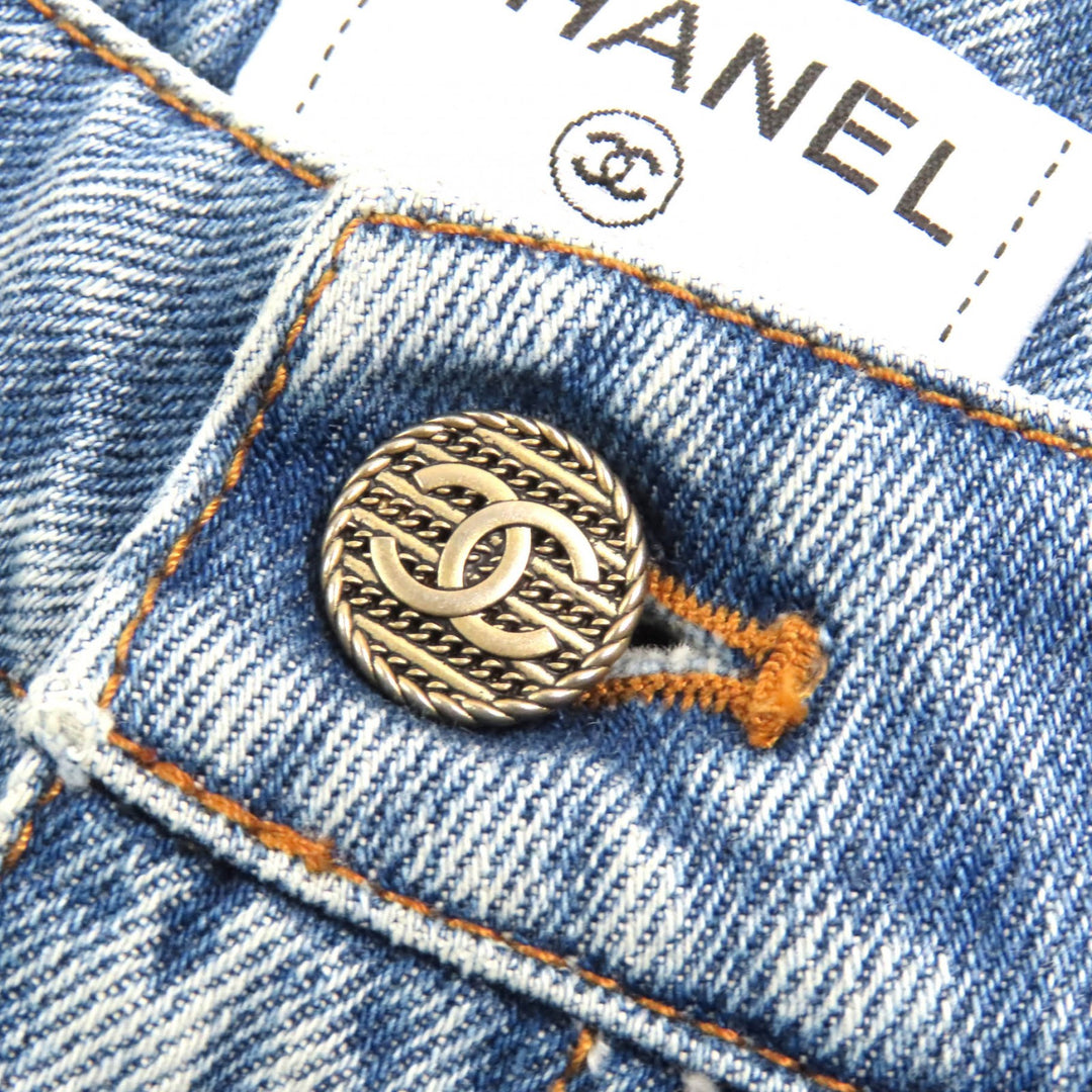 極美△CHANEL シャネル P60217V46019 コットン ココマークボタン ダメージチュール クロップド デニムパンツ インディゴブルー 34 正規品