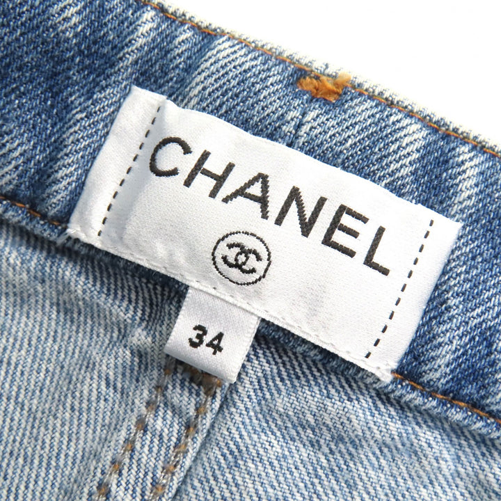 極美△CHANEL シャネル P60217V46019 コットン ココマークボタン ダメージチュール クロップド デニムパンツ インディゴブルー 34 正規品