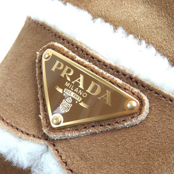 未使用品△PRADA プラダ 1S711M スエード シアリング スリッパ トライアングルロゴ 三角ロゴプレート ミュール サンダル 37 定価187000円
