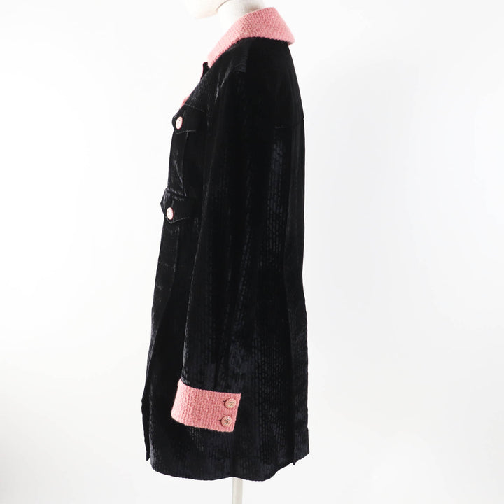 極美品◎CHANEL シャネル 22B P73309 シルク混 ココボタン ツイード切替 ベルベットコート ブラック ピンク 38 仏製 正規品 レディース