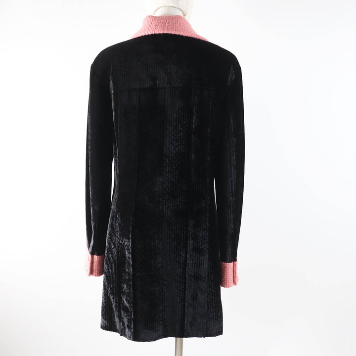 極美品◎CHANEL シャネル 22B P73309 シルク混 ココボタン ツイード切替 ベルベットコート ブラック ピンク 38 仏製 正規品 レディース