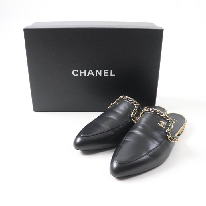 未使用品★CHANEL シャネル 19A G34926 ココマーク チェーン装飾 ポインテッドトゥ レザー ミュール ブラック ゴールド金具 37.5 箱付き