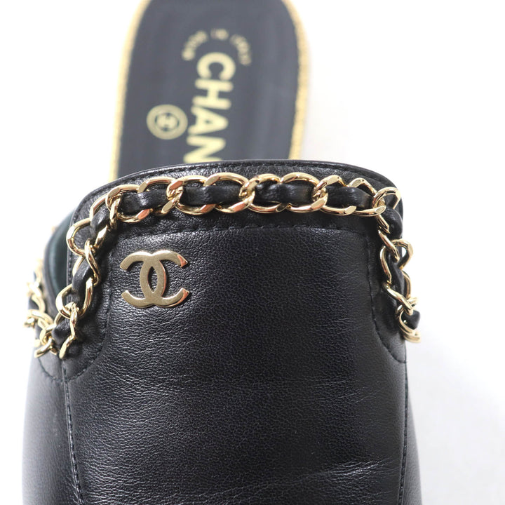 未使用品★CHANEL シャネル 19A G34926 ココマーク チェーン装飾 ポインテッドトゥ レザー ミュール ブラック ゴールド金具 37.5 箱付き