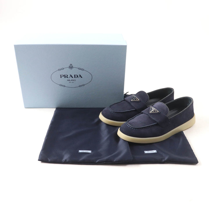 極美品★PRADA プラダ 1D222N トライアングルロゴ スウェードレザー ローファー ネイビー 35.5 箱・保存袋付き イタリア製 定価157300円