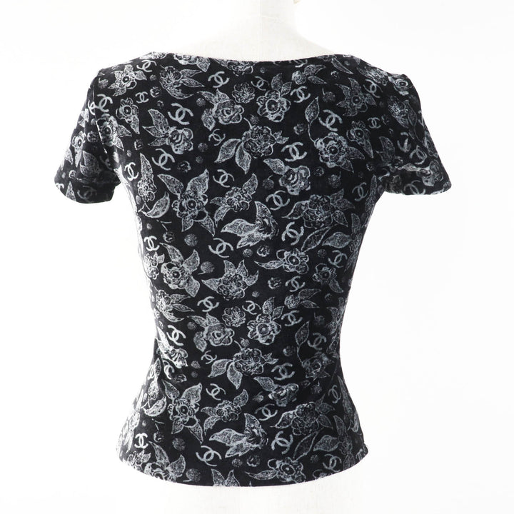 極美品◎CHANEL シャネル P78132 ココ総柄 ビジュココマーク付き ベロア 半袖 カットソー ブラック グレー 34 ハンガー付き 伊製 正規品