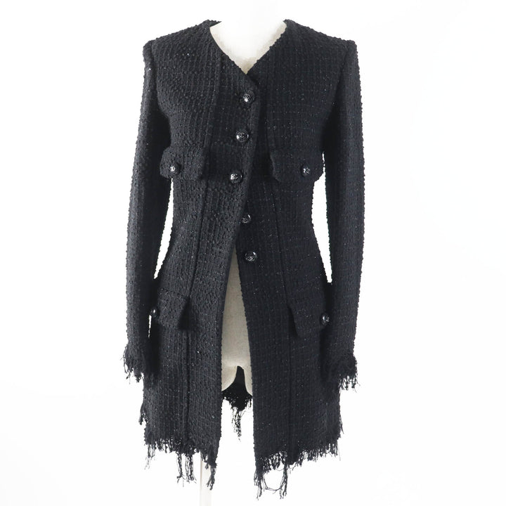 極美品◎CHANEL シャネル 22C P71826 ランウェイ着 ラインストーンココボタン イリディッセントツイード コート ブラック ラメ 34 正規品