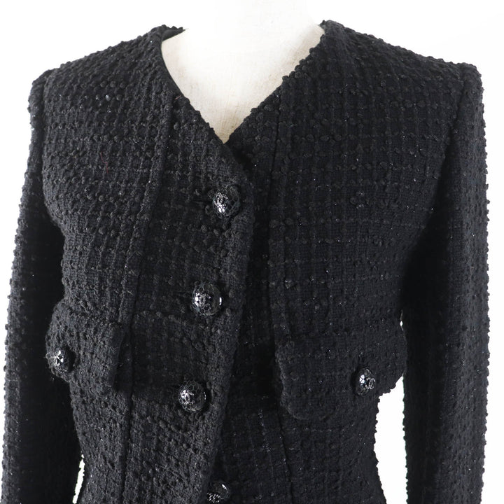 極美品◎CHANEL シャネル 22C P71826 ランウェイ着 ラインストーンココボタン イリディッセントツイード コート ブラック ラメ 34 正規品