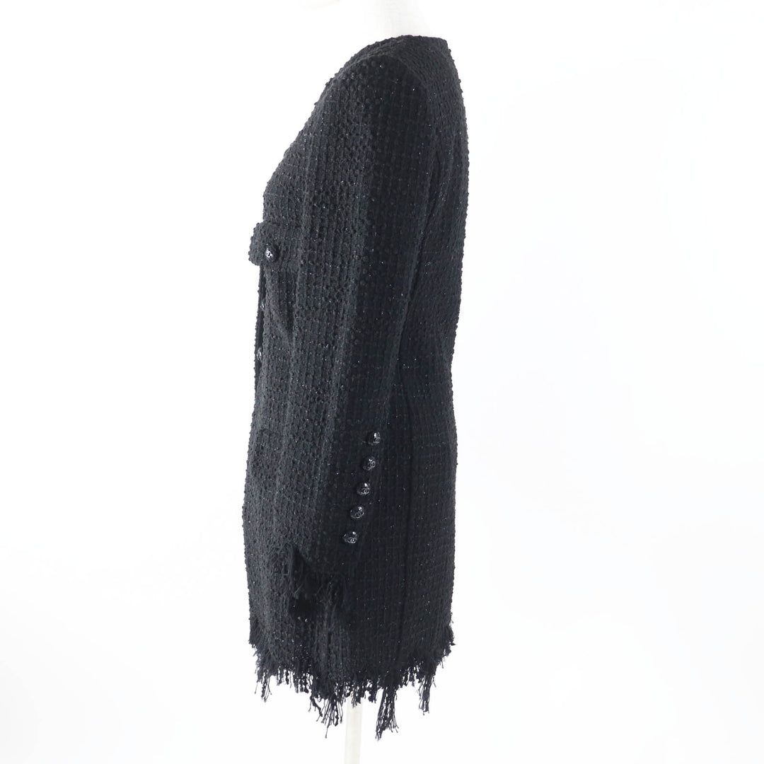 極美品◎CHANEL シャネル 22C P71826 ランウェイ着 ラインストーンココボタン イリディッセントツイード コート ブラック ラメ 34 正規品