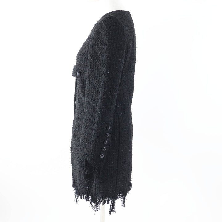 極美品◎CHANEL シャネル 22C P71826 ランウェイ着 ラインストーンココボタン イリディッセントツイード コート ブラック ラメ 34 正規品
