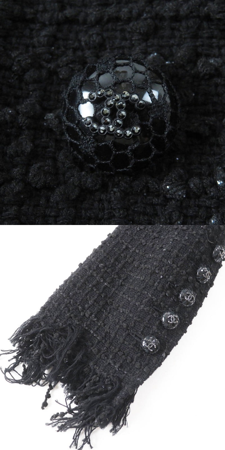 極美品◎CHANEL シャネル 22C P71826 ランウェイ着 ラインストーンココボタン イリディッセントツイード コート ブラック ラメ 34 正規品