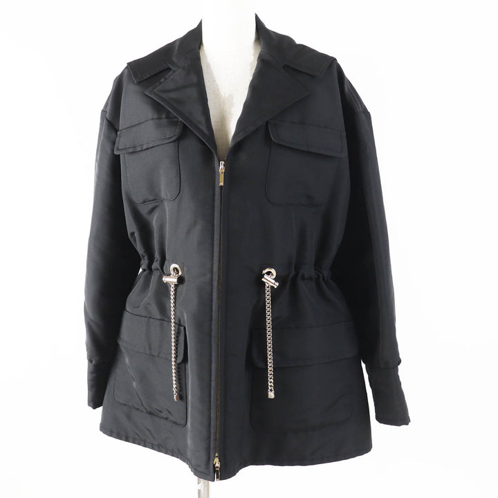 極美品◎CHANEL シャネル 23B P75490 シルク100％ ココマークチェーン ジップアップ パーカー／ジャケット ブラック ゴールド金具 34 伊製
