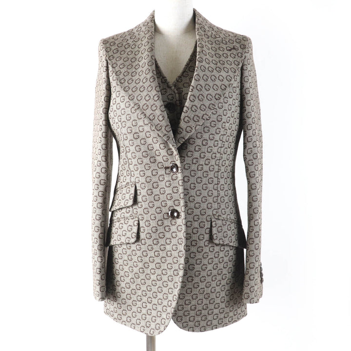 極美品☆GUCCI グッチ 652629 649337 ウール100％ ロゴ柄 ベスト・ジャケット 2点セット アンサンブル ブラウン 36 正規品 レディース