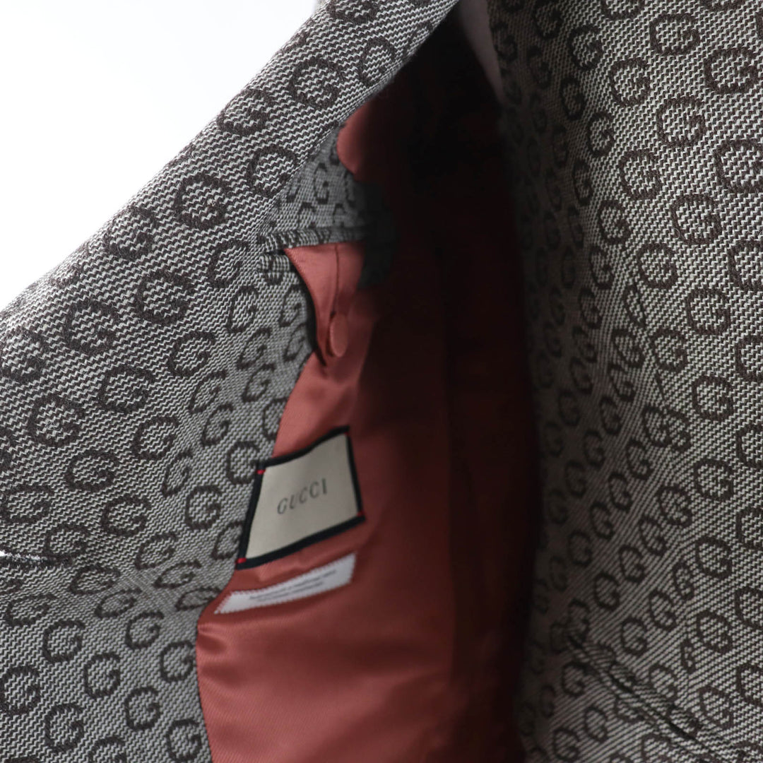 極美品☆GUCCI グッチ 652629 649337 ウール100％ ロゴ柄 ベスト・ジャケット 2点セット アンサンブル ブラウン 36 正規品 レディース