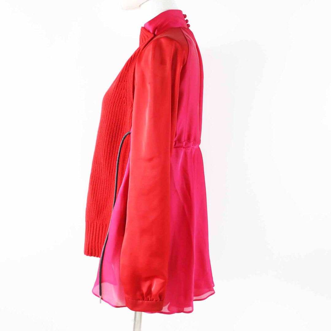 美品◎Sacai サカイ 21-05830 長袖ニット ドッキング ドロスト ブラウス バックプリーツ レッド ピンク 1 日本製 正規品 レディース