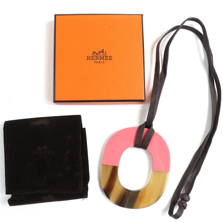 極美品△HERMES エルメス イスム バイカラー ペンダント ネックレス バッファローホーン ラッカー ウッドベージュ ピンク レディース