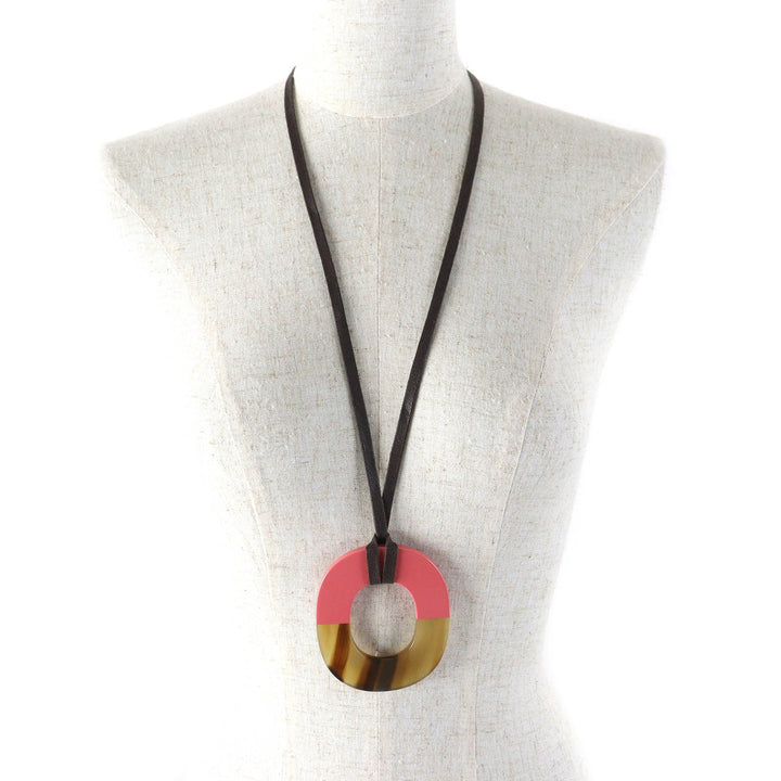 極美品△HERMES エルメス イスム バイカラー ペンダント ネックレス バッファローホーン ラッカー ウッドベージュ ピンク レディース