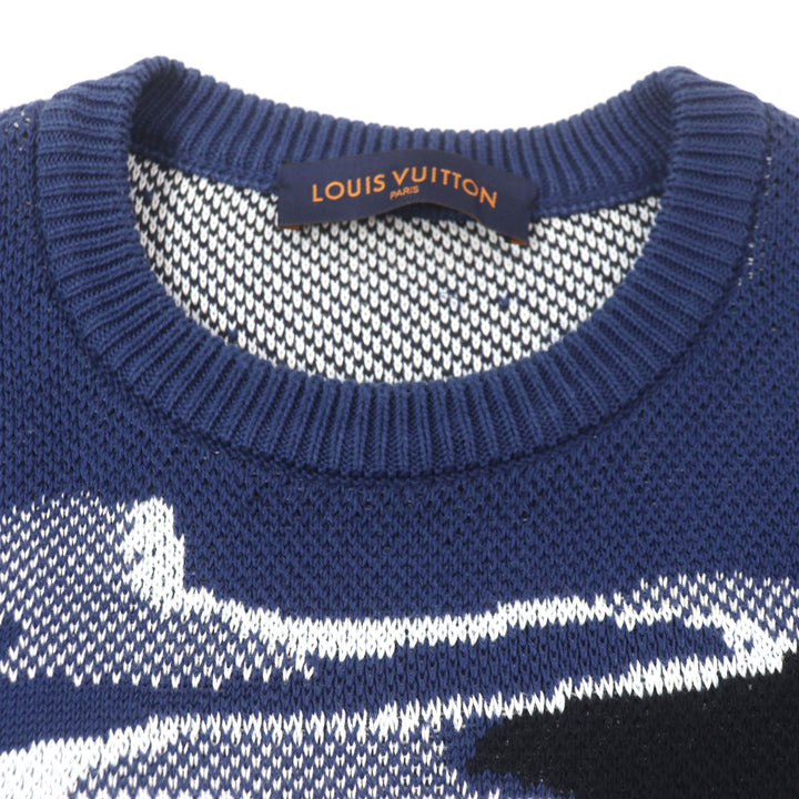 美品▼LOUIS VUITTON ルイヴィトン 20SS カモピケジャガード クルーネック ニットセーター ネイビー マルチ S イタリア製 正規品 メンズ