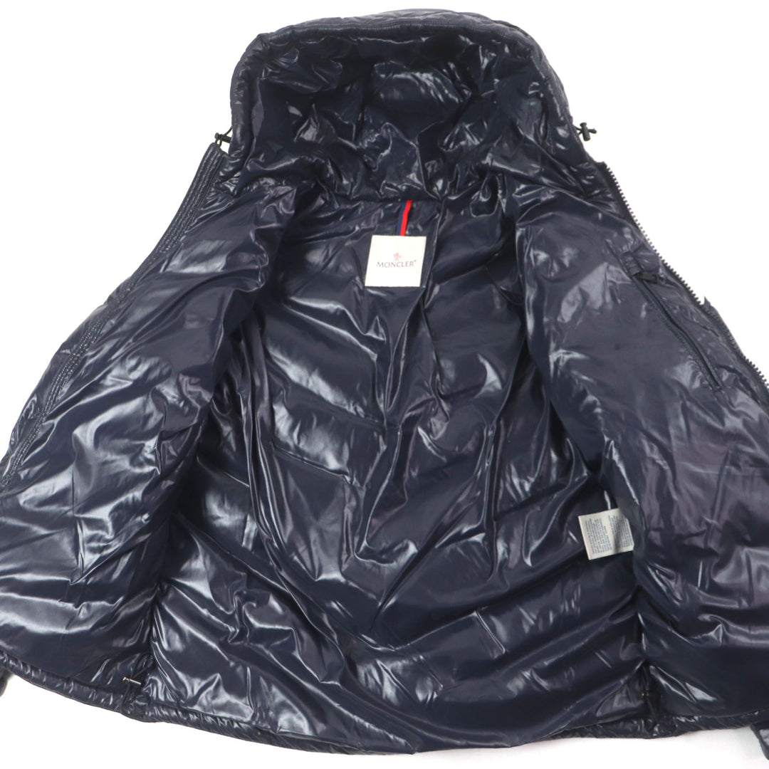 美品▼MONCLER モンクレール 19-20AW ALEIG フード付き ラバーワッペン WZIPUP ダウンジャケット ネイビー 1 ハンガー付き 正規品 メンズ