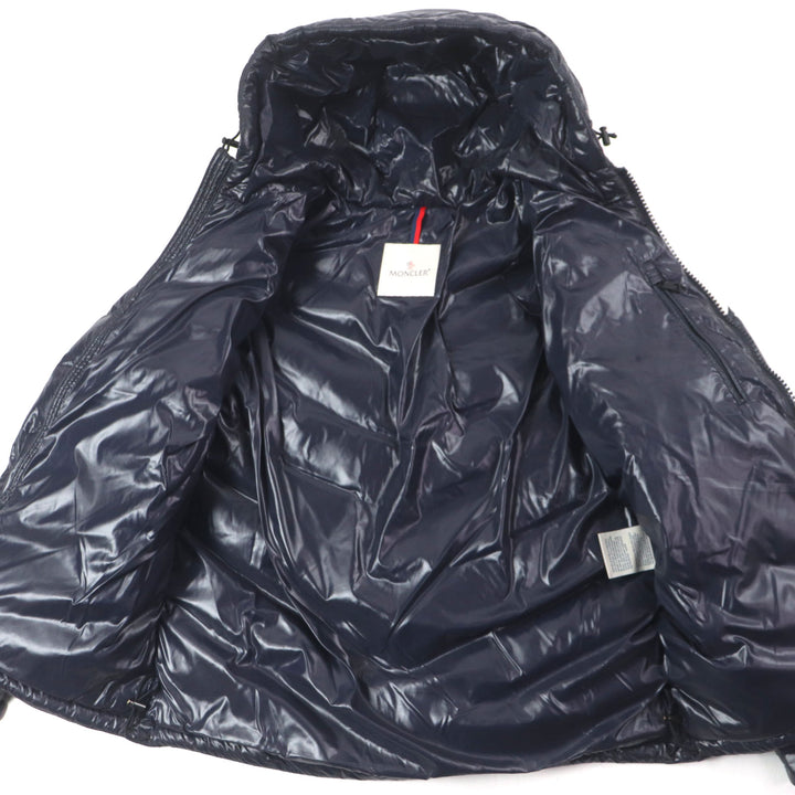 美品▼MONCLER モンクレール 19-20AW ALEIG フード付き ラバーワッペン WZIPUP ダウンジャケット ネイビー 1 ハンガー付き 正規品 メンズ