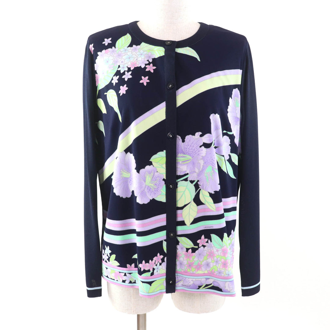 極美品★LEONARD FASHION レオナール ファッション ロゴボタン付 花柄 カーディガン＋半袖カットソー 2点set アンサンブル ネイビー 42