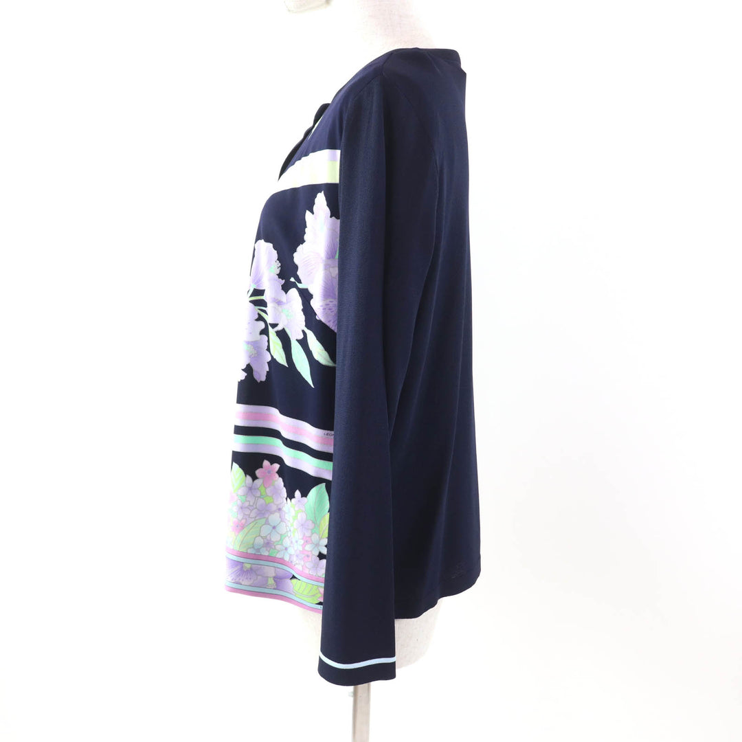 極美品★LEONARD FASHION レオナール ファッション ロゴボタン付 花柄 カーディガン＋半袖カットソー 2点set アンサンブル ネイビー 42