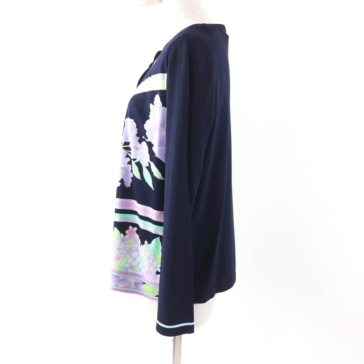 極美品★LEONARD FASHION レオナール ファッション ロゴボタン付 花柄 カーディガン＋半袖カットソー 2点set アンサンブル ネイビー 42