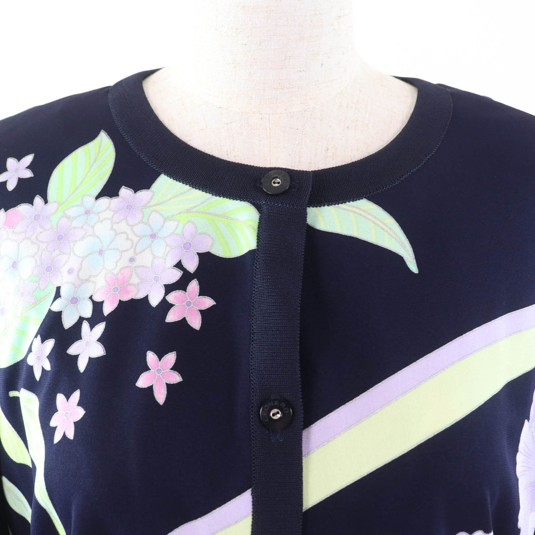極美品★LEONARD FASHION レオナール ファッション ロゴボタン付 花柄 カーディガン＋半袖カットソー 2点set アンサンブル ネイビー 42