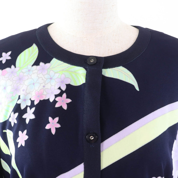 極美品★LEONARD FASHION レオナール ファッション ロゴボタン付 花柄 カーディガン＋半袖カットソー 2点set アンサンブル ネイビー 42