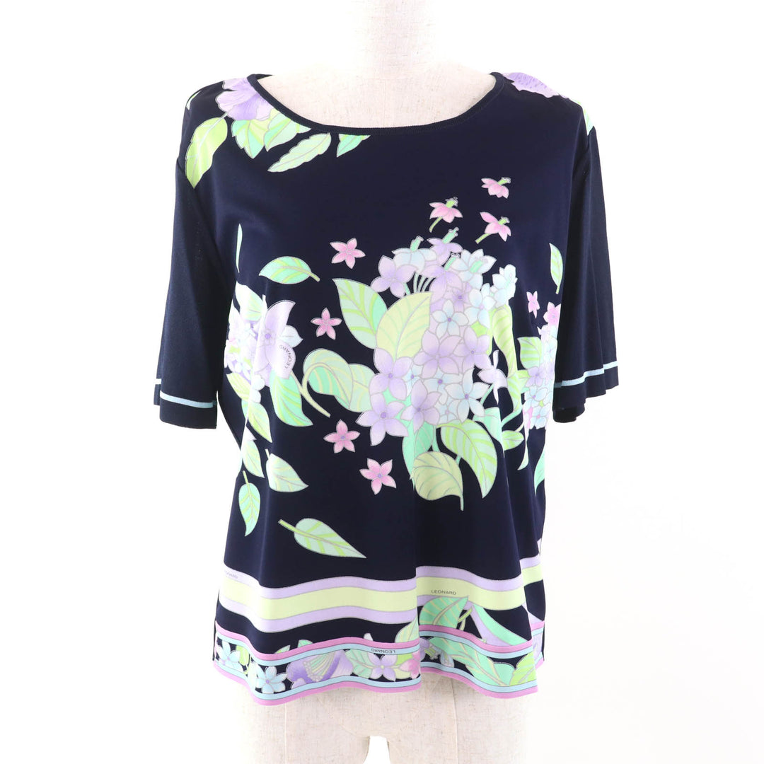 極美品★LEONARD FASHION レオナール ファッション ロゴボタン付 花柄 カーディガン＋半袖カットソー 2点set アンサンブル ネイビー 42